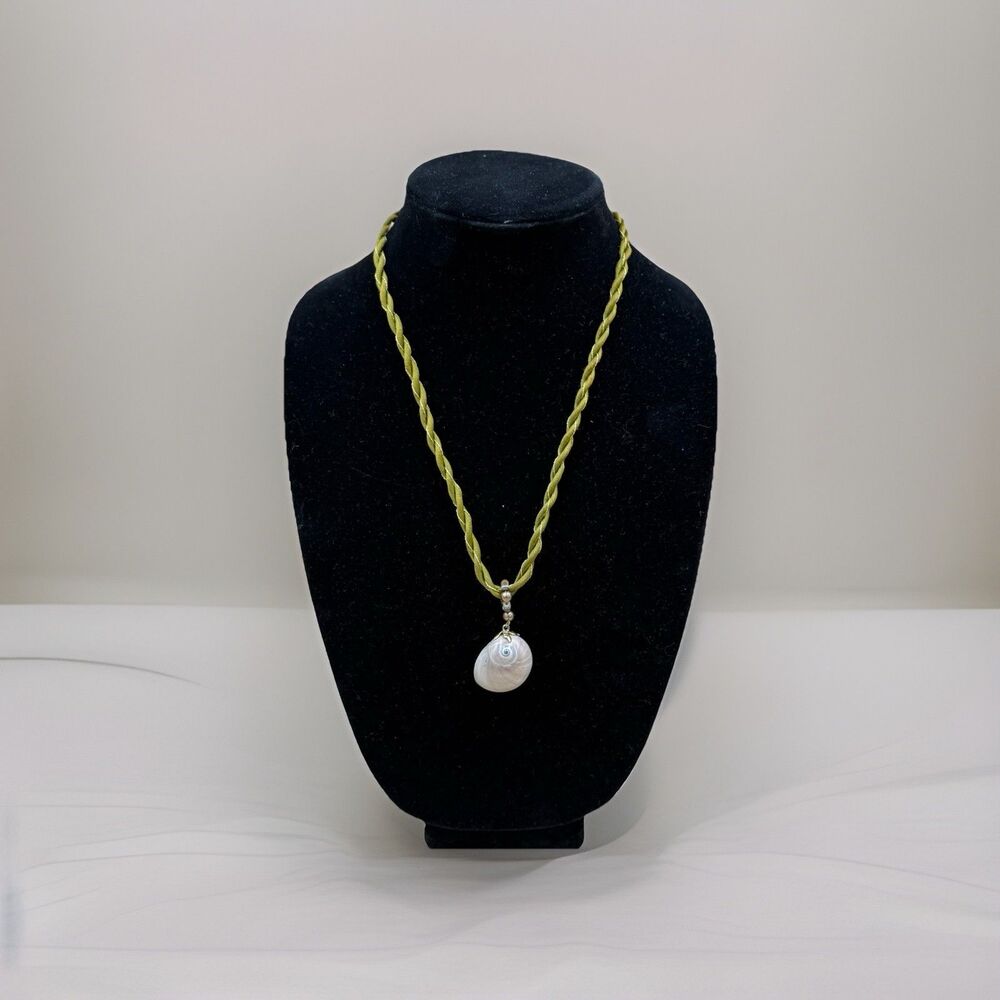 Boho Shell Pendant Necklace On Green Cord, Nautilus Beach Jewelry, Costal Piece
